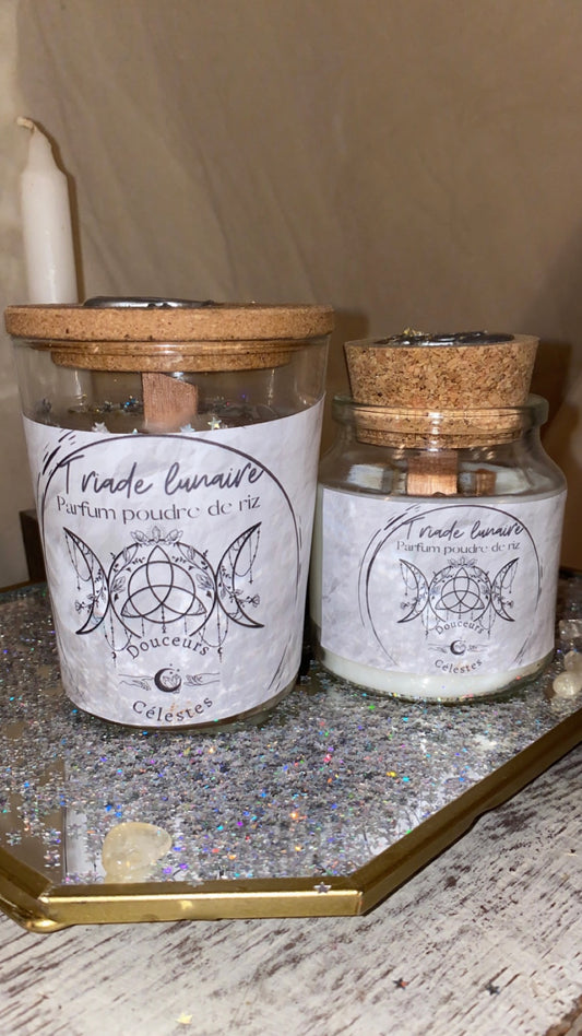 Bougie artisanale Hécate, Artémis et Séléné " Triade lunaire " Parfum poudre de riz