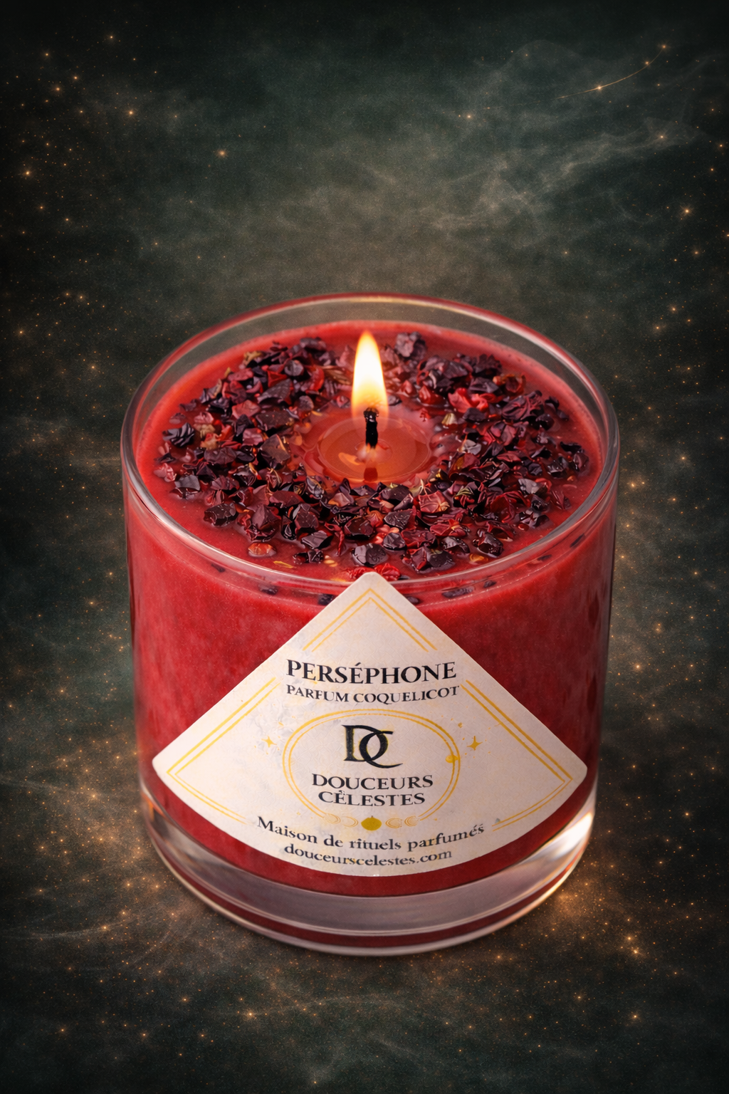 Bougie artisanale Perséphone parfum coquelicot, feuilles d'hibiscus séchées et pierre de grenat
