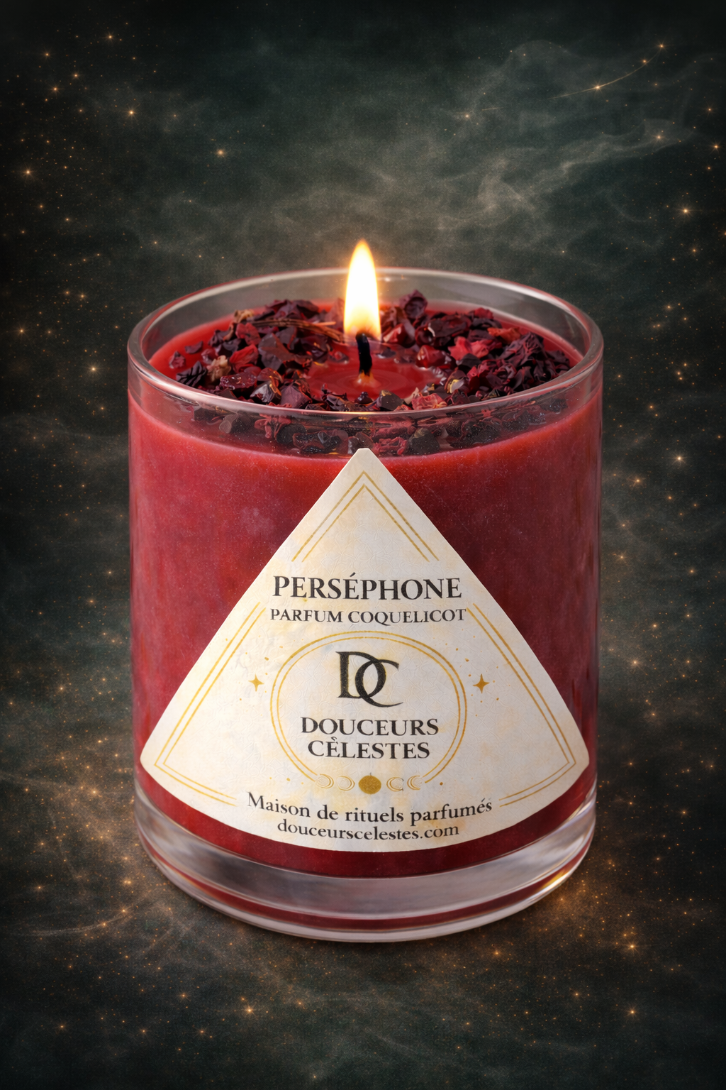 Bougie artisanale Perséphone parfum coquelicot, feuilles d'hibiscus séchées et pierre de grenat