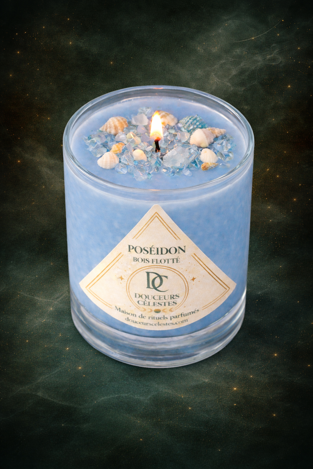 Bougie Poséidon parfum bois flotté, coquillage et pierres d'aigue marine