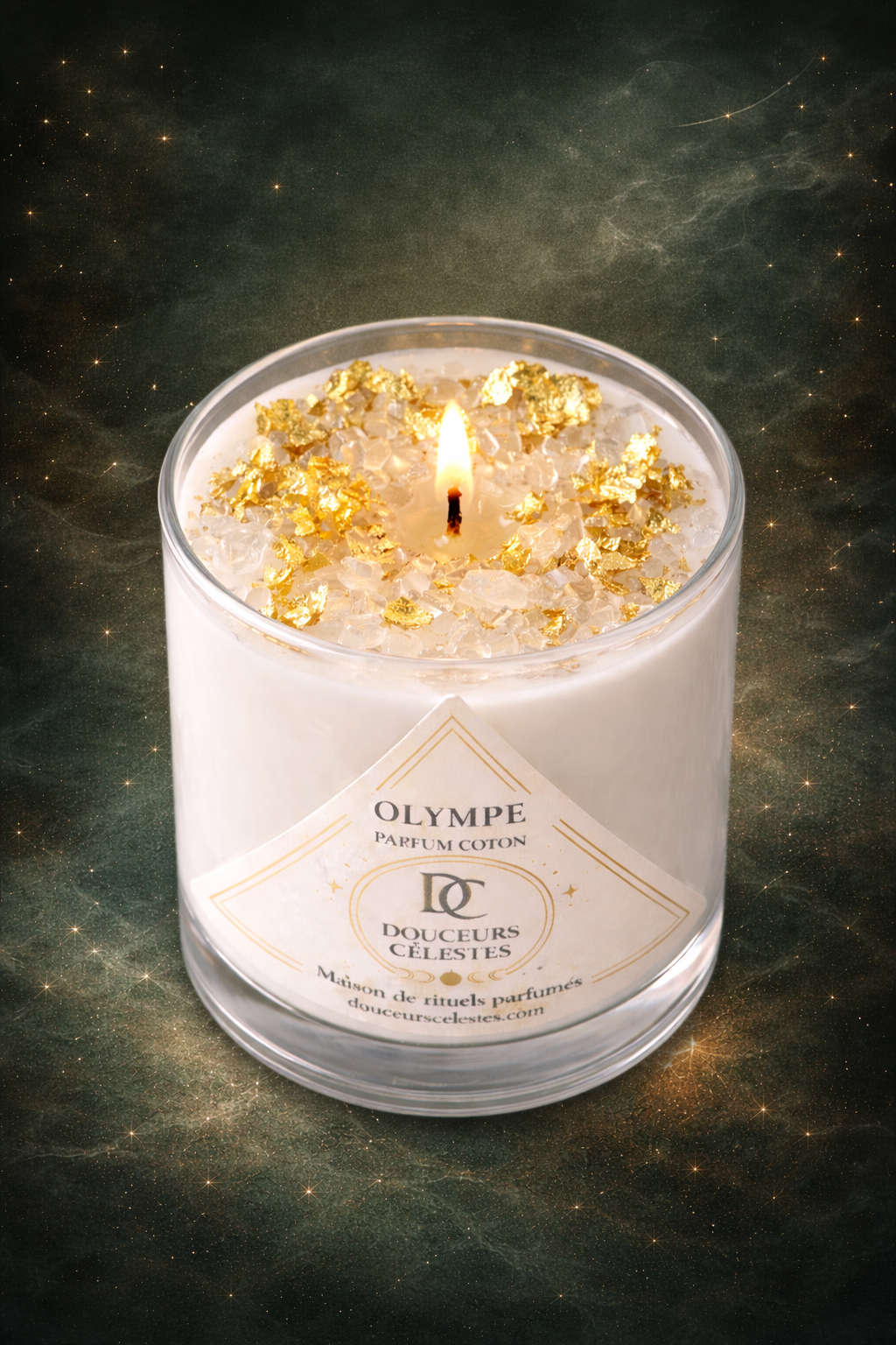 Bougie artisanale Olympe parfum coton, feuilles d'or et pierres de cristal roche