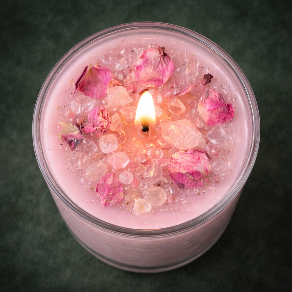 Bougie artisanale Aphrodite parfum ylang-ylang, pétales de roses et pierres de quartz rose